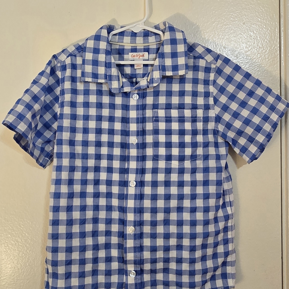 Blue and White Checkered Short Sleeve Shirt